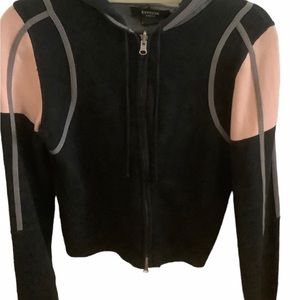 Y2K Express ribbed hooded zipper front crop sweater black & pink knit size s